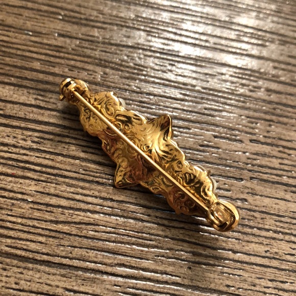 Vintage 1928 Brand Faux Pearl Flower & Rhinestone Bar Pin - Picture 7 of 14